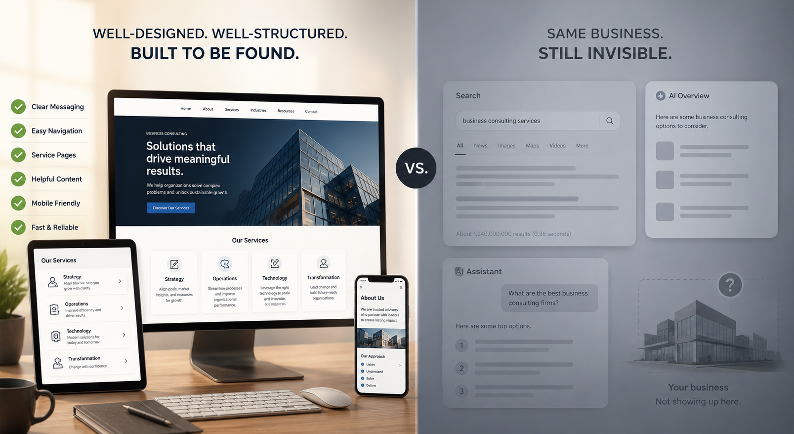 Split visual: a well-structured business website labeled 'Built to be found' beside the same business missing from search and AI results, labeled 'Still invisible.'