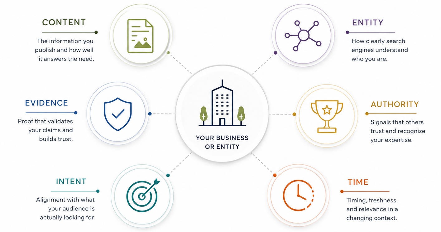 Diagram of six factors arranged around a central business: Content, Entity, Evidence, Authority, Intent, and Time — the layers that determine whether search and AI systems surface a business.