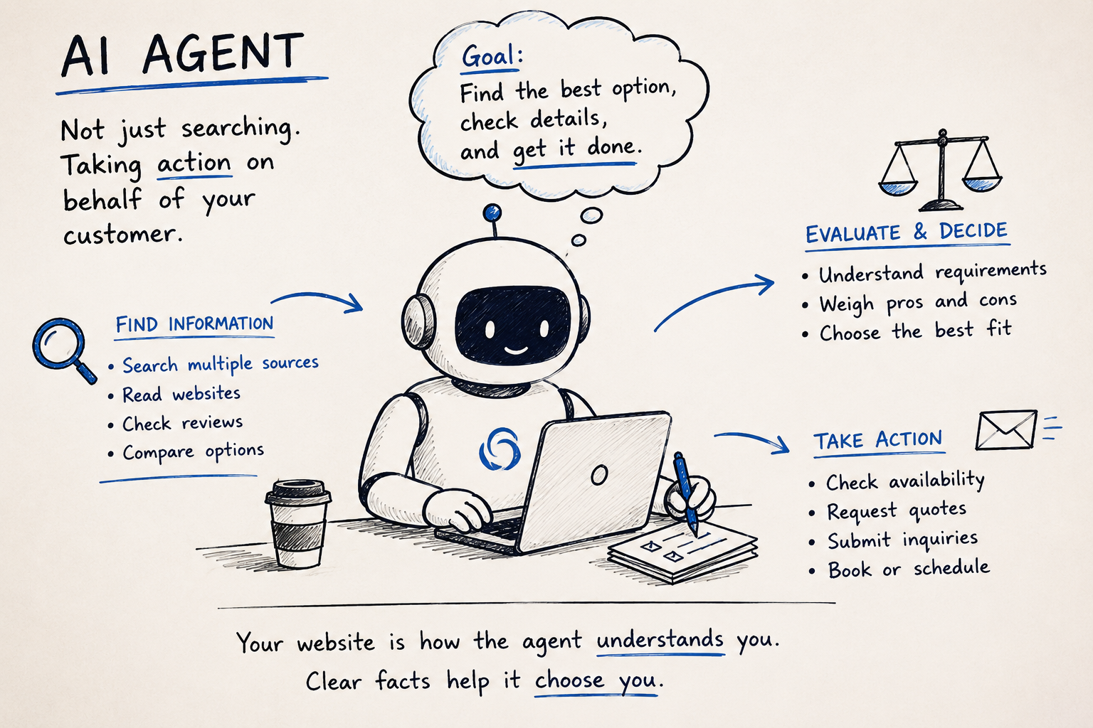 Hand-drawn diagram of an AI agent at a laptop that searches multiple sources, weighs requirements, and takes action — checking availability, requesting quotes, and booking on a customer's behalf.