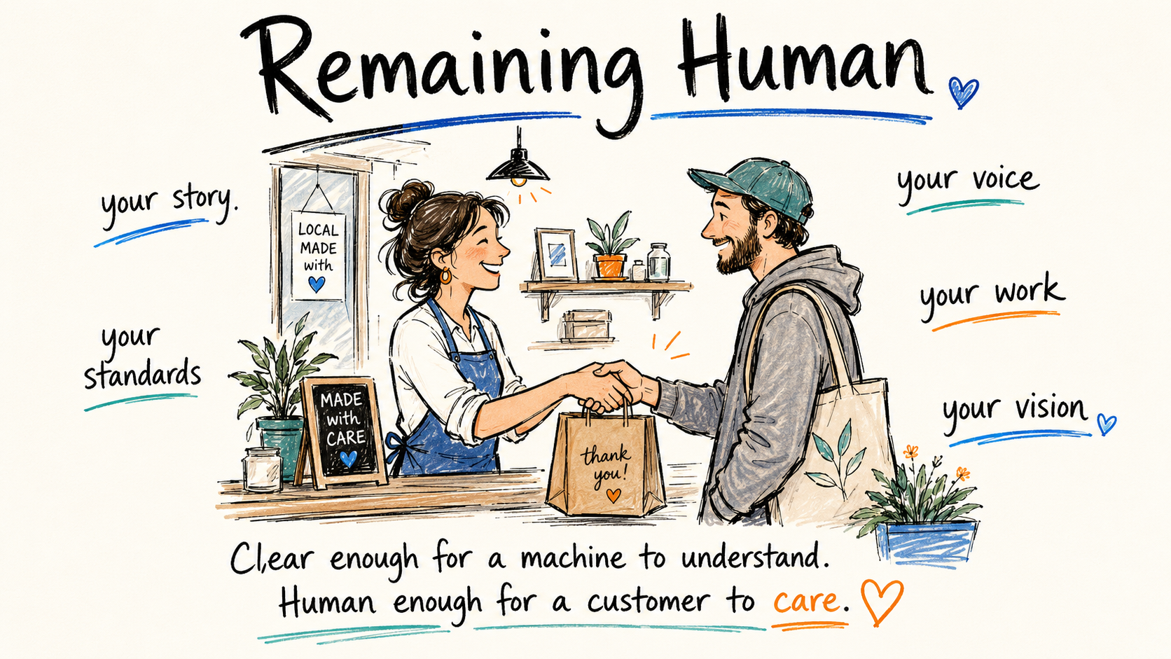 Illustration of a small-business owner in an apron handing a 'thank you' bag to a smiling customer across the counter, the two shaking hands, surrounded by the words your story, your standards, your voice, your work, and your vision. Caption reads: clear enough for a machine to understand, human enough for a customer to care.